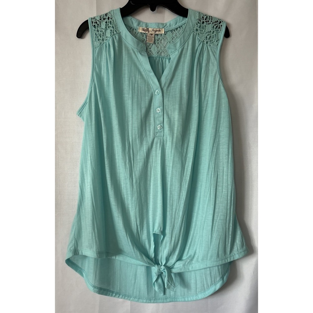 Sleeveless Teal Tank Top Eyelet Lace Top Women's M Button Up Front TieBy Inspire